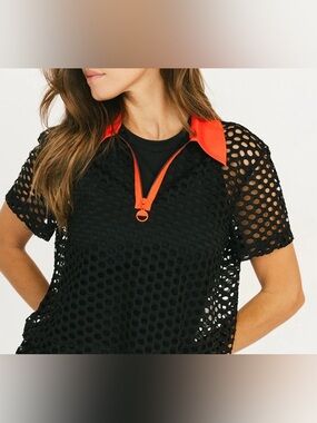 FORE ALL Black Mesh Short-Sleeve Tee with Orange Zip Collar SIZE S